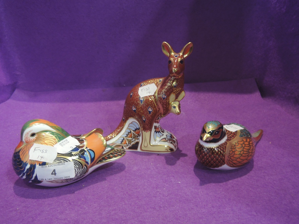 Three Royal Crown Derby Paperweights, Kangaroo having 21 year anniversary gold stopper, Mandarin