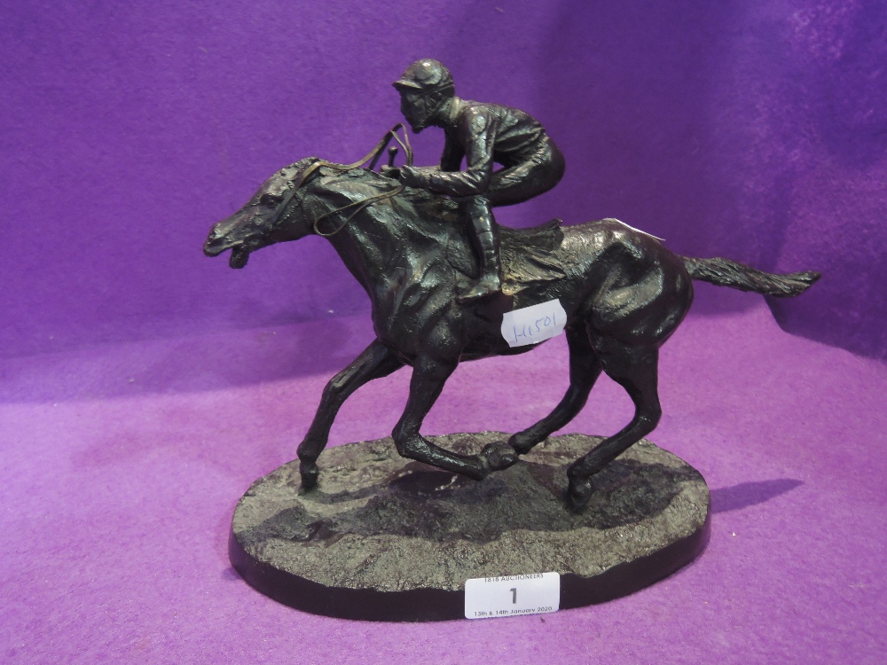 A modern spelter study, Racehorse and Jockey in running, bearing signature Mene