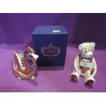 Two Royal Crown Derby Paperweights, Dragon having gold stopper, boxed and Seated Teddy Bear having