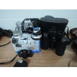 A Minolta Dimage Z1 camera (boxed, a Pentax auto 110 and flash and a pair of Prinz binoculars