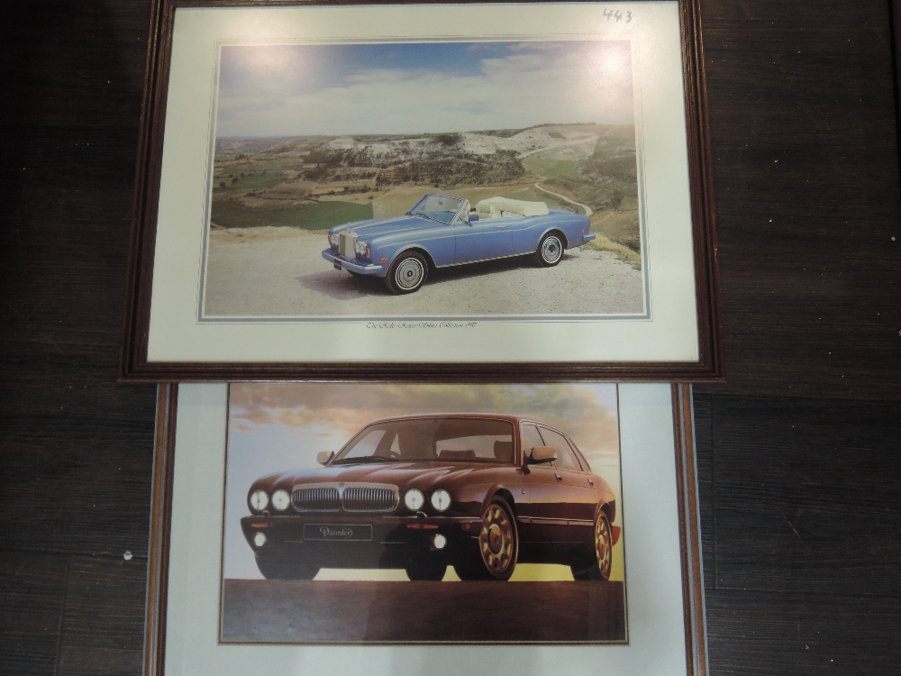 Two vintage motor car dealership advertising prints for Daimler and Rolls Royce