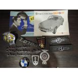 A selection of motor car hood badges and ephemera including MG AA Rover etc