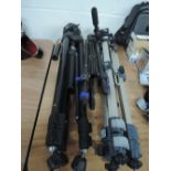 Three camera tripods including Velbon, Slik, and Atlantic