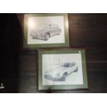 Three vintage motor car dealership advertising prints for Jaguar E type and similar
