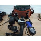 A selection of photographic equipment and lenses. A Tamron CF Tele Macro 80-210mm in case, a