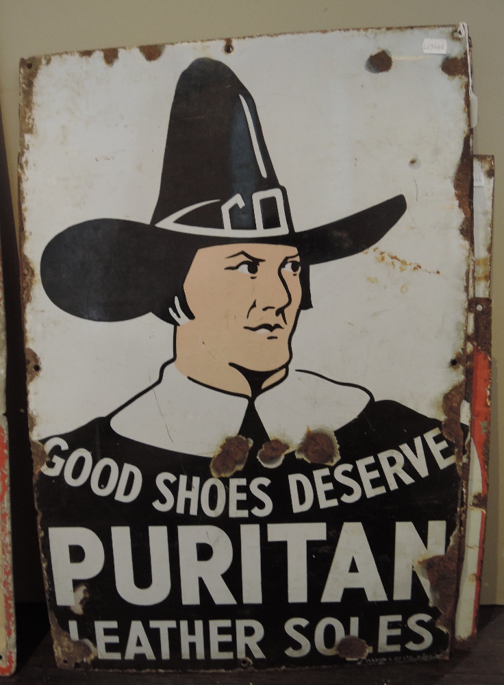 A vintage enamel advertising sign for Puritan Leather Shoes and Soles