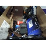 A box of enlarger parts and equipment, Olympus cameras, lenses, lights etc