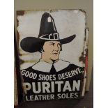 A vintage enamel advertising sign for Puritan Leather Shoes and Soles