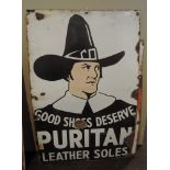 A vintage enamel advertising sign for Puritan Leather Shoes and Soles