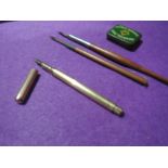 A gold plated Mabie Todd & Co dipping pen (boxed), a box of various nibs and three wooden handled