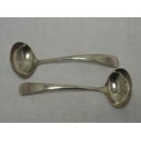 A pair of silver sauce ladles bearing monogram R to terminals, Birmingham 1954, Barker Brothers