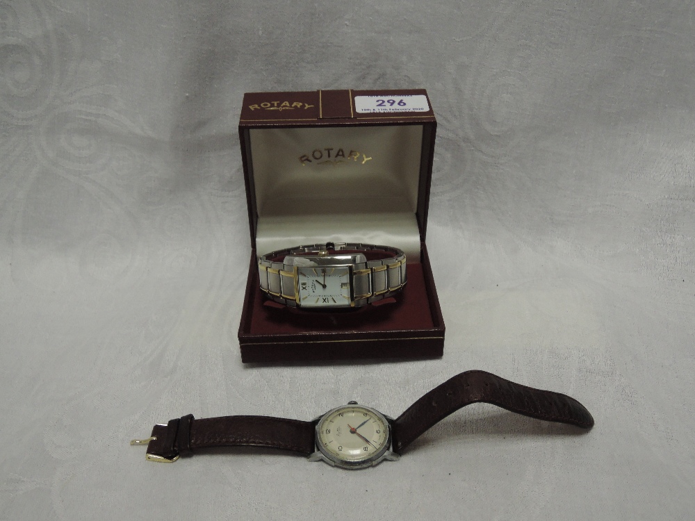 A gents quatz wrist watch by Rotary having a Roman numeral and baton dial with date aperture to