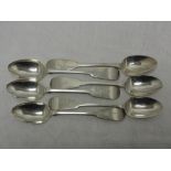 A set of six Georgian Irish silver teaspoons of fiddle back form bearing monogram E to terminals,
