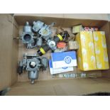 A box of six Jaguar pistons, bearings, a pair of carburettors, a fuel pump etc