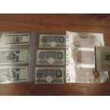 A collection of UK and foreign bank notes including 10 Shilling notes and one Pound notes