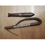 A plated leather horse whip with inlaid wood handle, overall length approx 36 inches, concealing a