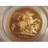 A cased 1980 proof Elizabeth II half Sovereign