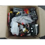 A collection of playworn diecast and plastic vehicles including Corgi, Matchbox, Majorette etc