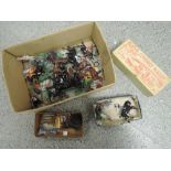 A box of Britains and similar lead figures and animals, along with a Benbros lead Buffalo Bill's