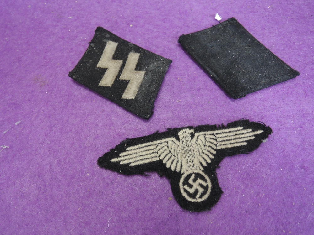Three German WW2 Cloth Patches, possibly Waffen-SS, including Eagle on Swastika