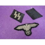 Three German WW2 Cloth Patches, possibly Waffen-SS, including Eagle on Swastika
