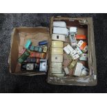 Two boxed of mixed playworn diecast, plastic and tin plate vehicles including Dinky, Matchbox and