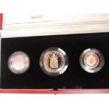 A cased 1989 Elizabeth II 500th Anniversary 1489-1989 gold proof Sovereign Three Coin Set, Double
