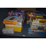 Two boxes of HO scale accessories and kits including Walthers, Woodland Scenics, IHC and simailar