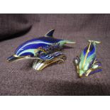 Two Royal Crown Derby Paperweights. Lyme Bay Dolphin and Lyme Bay Baby Dolphin modelled by Mark Delf