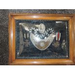 A framed and glazed German WW1 Gorget, Iron Cross, Cross of Honour and photograph