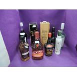 A collection of mixed alcohol including Johnnie Walker Black Label 12 Year Old 1L 43% Vol in card