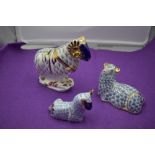 Three Royal Crown Derby Paperweights. Sheep (1991) and Lamb(1992) modelled and decoration designed