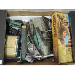 A box of 0 gauge engines, accessories and track including Hornby, most engines are plastic