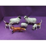 Six Beswick studies Foxhounds 2262 & 2264, Fox 1440, Black Faced Ram 3071, Sheep 1765 and Lamb 1828