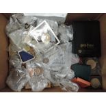 A box of Coins and miscellaneous including Silver Proof Coins, Silver 3D Bits, Buttons, Brass CR
