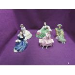 Five Royal Doulton figurines, Young Dreams, marked as seconds, HN3176, Rosalind HN2393, Ascot