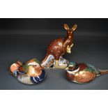 Three Royal Crown Derby Paperweights, Kangaroo having 21 year anniversary gold stopper, Mandarin