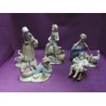 Five Lladro figure groups, Hurry Now 5503. Shepherdess with Ducks 4568, Naptime 5448, Sea Fever 5166