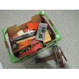 A box of 1940's and later plastic cars including Mettoy Milk Float, Hornby Boat along with a