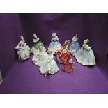 Nine Royal Doulton figurines, First Dance HN2803, Kirsty HN3213, Heather HN2956, Lorraine HN3118,