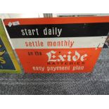 A wooden backed and card advertising sign for Exide batteries