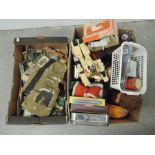 Two boxes of mixed vintage toys and games including plastic battery operated Hong Kong Robots,