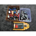 Two boxes of modern diecast and plastic vehicles and accessories including figures