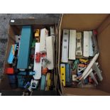 Two boxes of mixed vintage playworn diecasts including Dinky Foden eight wheel tanker in two tone