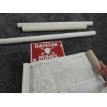 Three 1980's Military Falkland War Maps, two similar Mine Maps, a metal sign 'danger Mines' along
