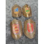 Four Re-Enachment Metal Shields having painted emblems to fronts, two matching Flags/Wall