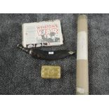 A collection of Military items including a 1914 Christmas Tin, 1910-1935 Medalion, Rifle Bullet