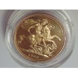 A gold proof 1980 Elizabeth II sovereign in case
