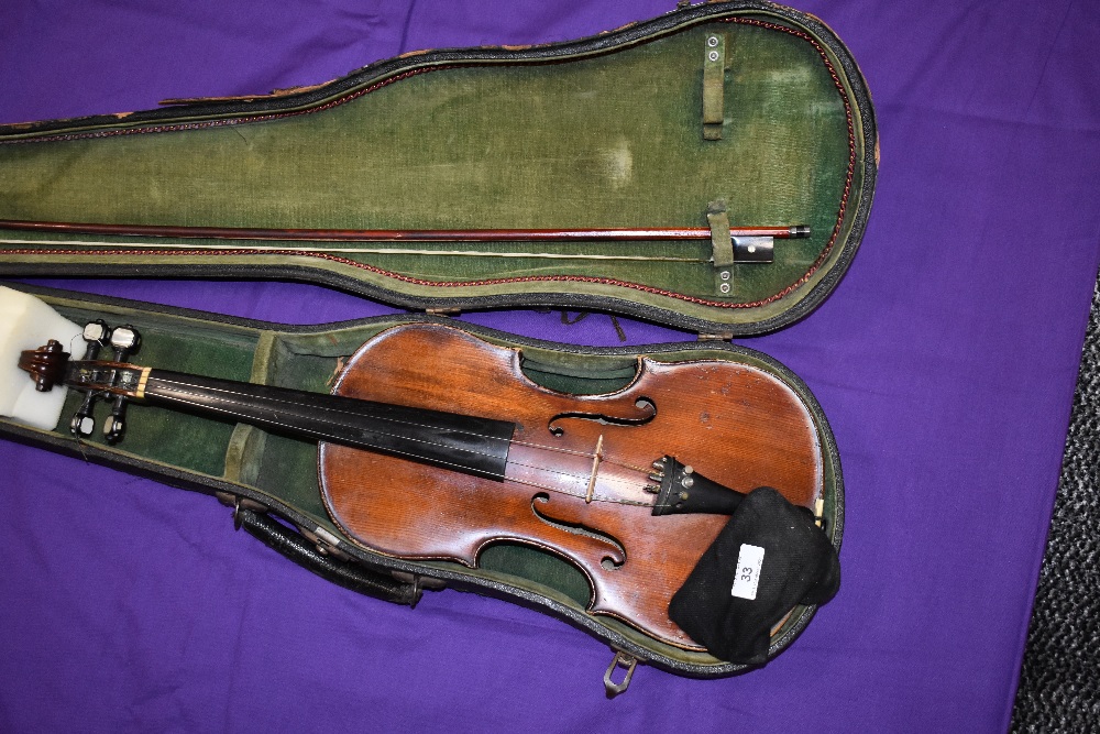 A traditional violin, labelled Scheerer with Japanese bow , cased