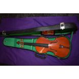 Five modern Stentor violins, two padded and two hard cases, one no case
